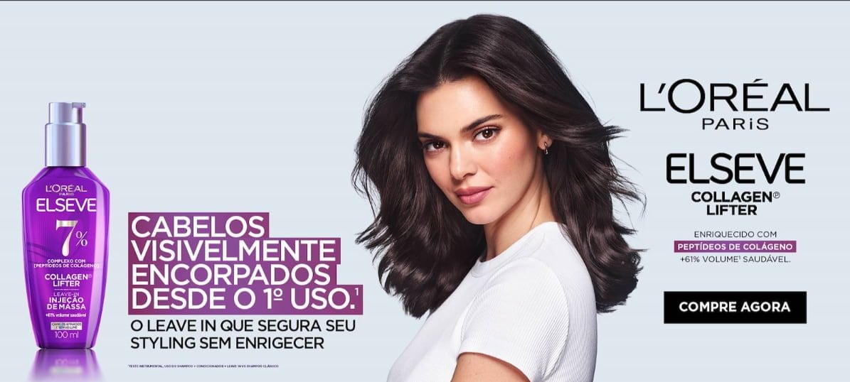Mulher com cabelo castanho volumoso ao lado do produto Elseve Collagen Lifter da L'Oréal Paris, anunciando leave-in que encorpa os cabelos desde o primeiro uso, com +61% de volume saudável.