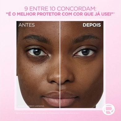 Modelo com antes e depois de usar Solar Expertise Efeito Makeup.